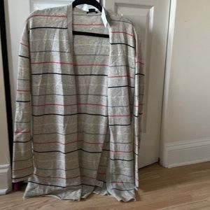 Soft cardigan, grey with pink and blue horizontal stripes